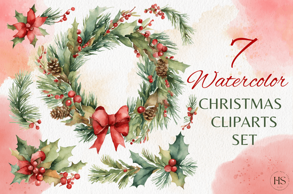7 Watercolor Christmas Wreath Clipart: Festive Illustrations