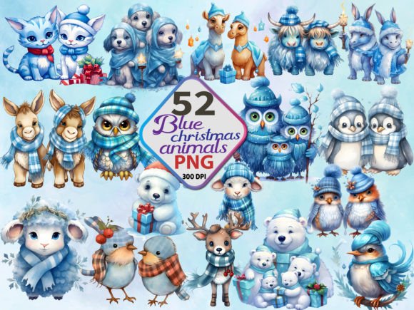 Blue Christmas Animals Clipart Bundle: Festive Illustrations