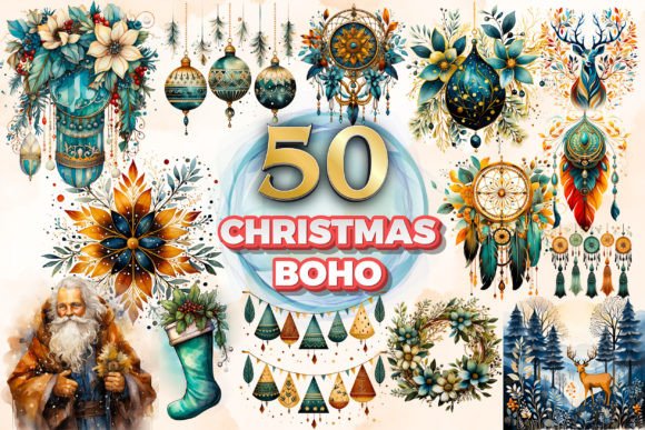 Christmas Boho Clipart Sublimation 4: Fresh Illustrations