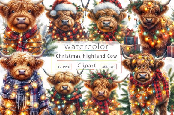 Christmas Highland Cow Sublimation: Festive Illustrations