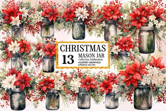 Christmas Mason Jar Sublimation Clipart: Festive Illustrations
