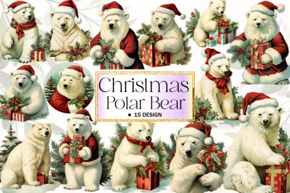 Christmas Polar Bear Sublimation Clipart: Premium Illustrations