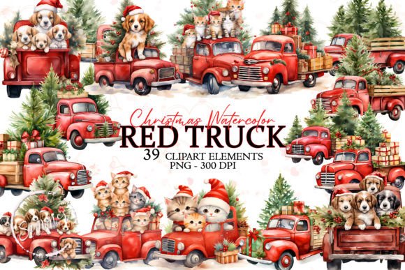 Christmas Red Truck Sublimation Bundle: Festive Illustrations