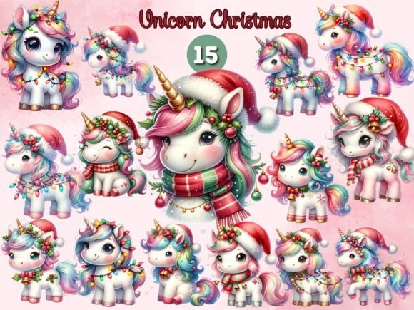 Christmas Unicorn Clipart Sublimation Illustrations