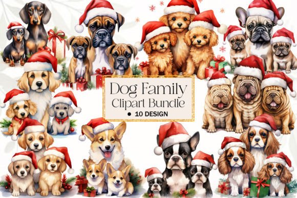 Cute Christmas Dog Family Clipart: Festive Illustrations