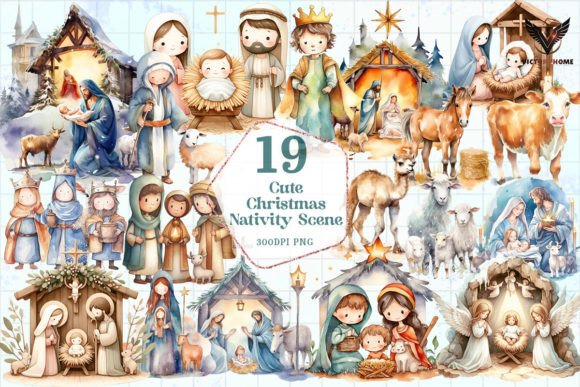 Cute Christmas Nativity Scene Clipart & Illustrations