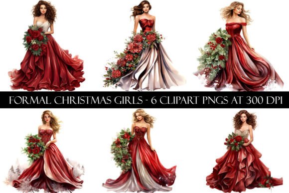 Formal Christmas Girls Clipart: Premium Illustrations
