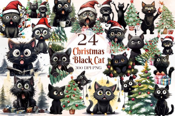 Funny Christmas Black Cat Clipart Bundle: Festive Illustrations