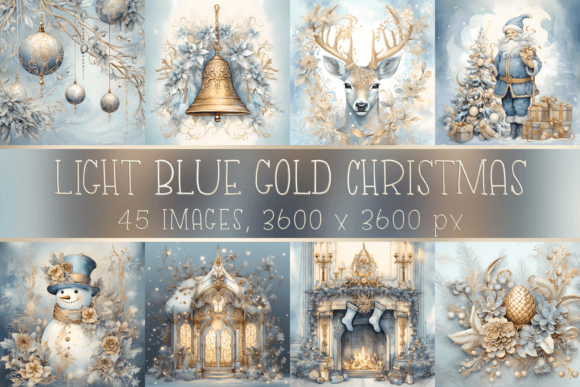 Light Blue Gold Vintage Christmas Illustrations