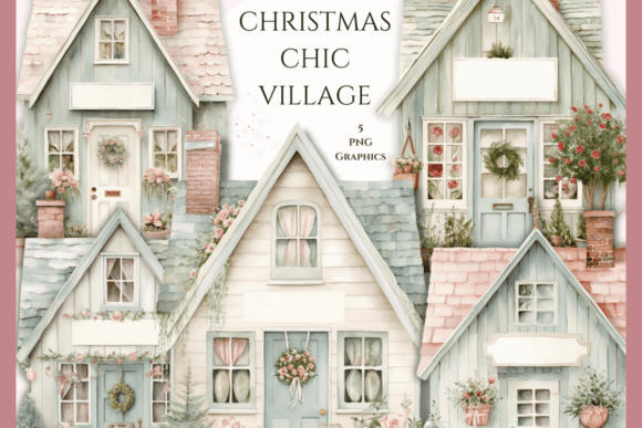 Pastel Christmas Shabby Shack Houses Illustrations