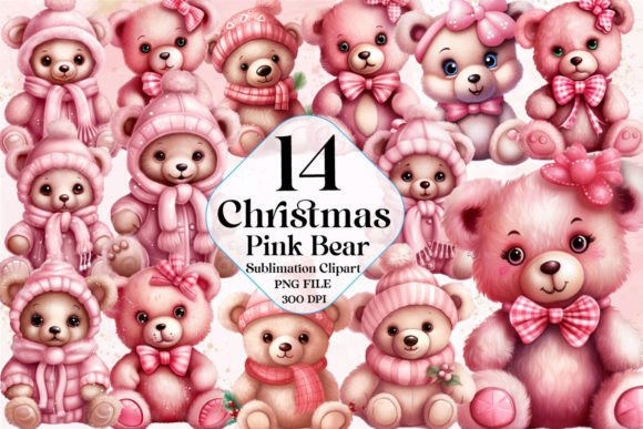 Pink Christmas Bear Clipart: Festive Illustrations