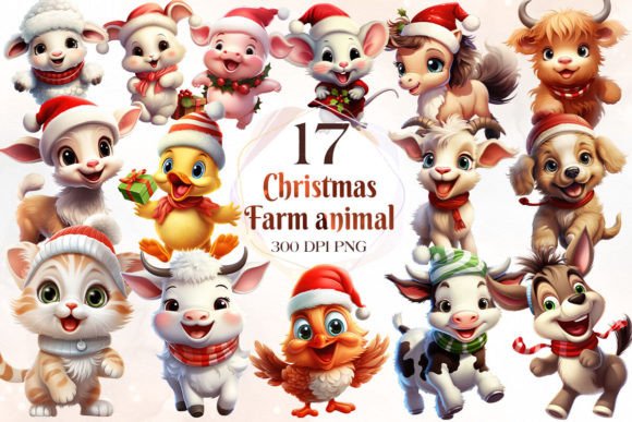 Playful Christmas Farm Animal Clipart & Illustrations