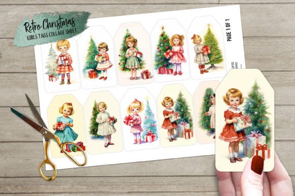 Retro Christmas Girls Gift Journal Tags & Illustrations