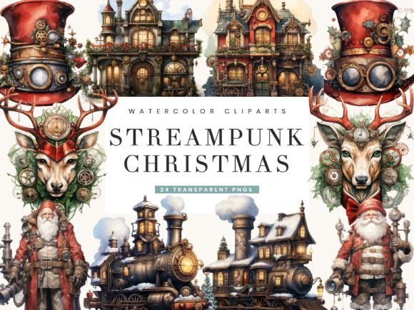 Steampunk Christmas Clipart Bundle: Unique Illustrations