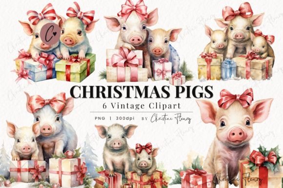 Vintage Christmas Pigs Clipart: Editorial Illustrations