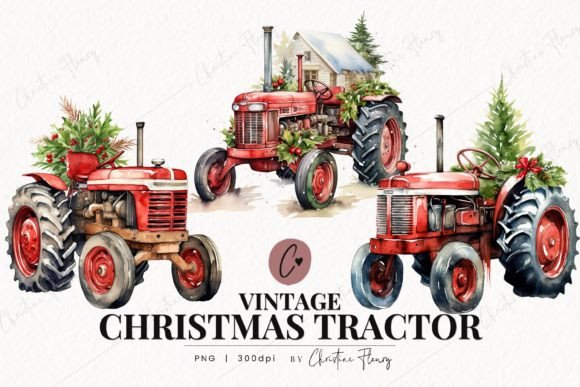 Vintage Christmas Tractors Clipart: Festive Illustrations