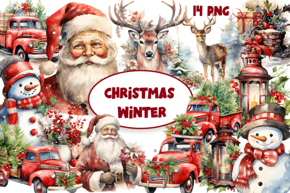 Watercolor Christmas Vintage Clipart & Illustrations
