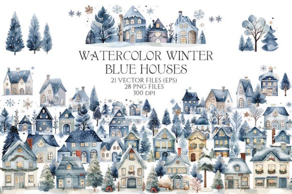 Watercolor Winter Christmas Blue Houses Illustrations