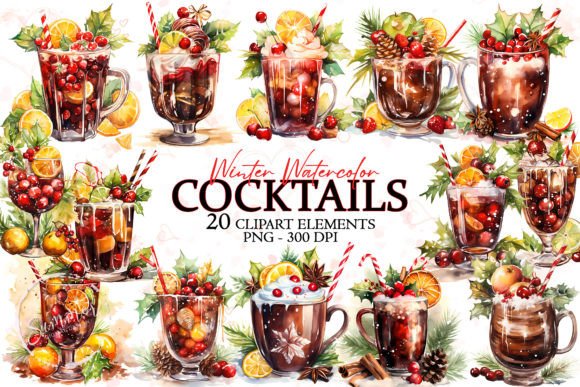 Winter Cocktail Christmas Watercolor: Fresh Illustrations